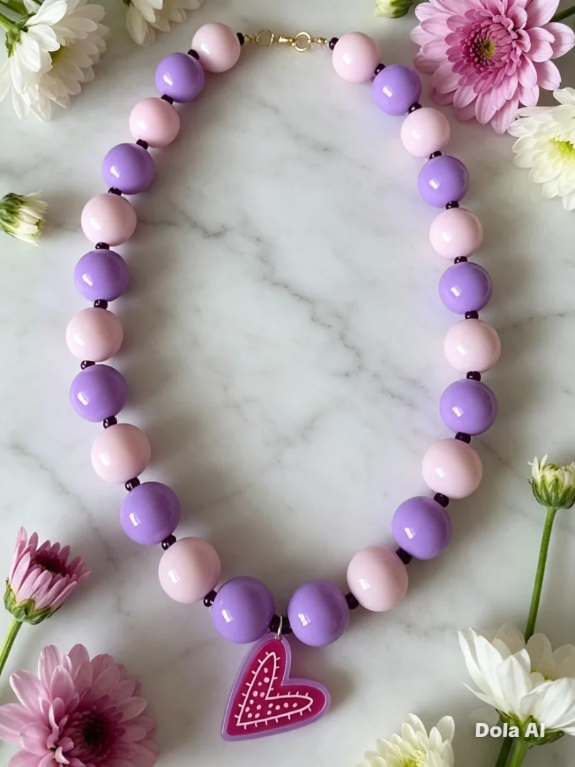 Collar de bola chicle lila y rosado con dije de corazón — Candelaria Accesorios