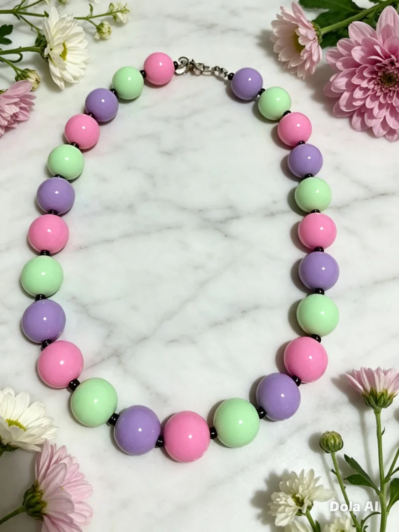 Collar en bolas chicle verde lila y rosado — Candelaria Accesorios