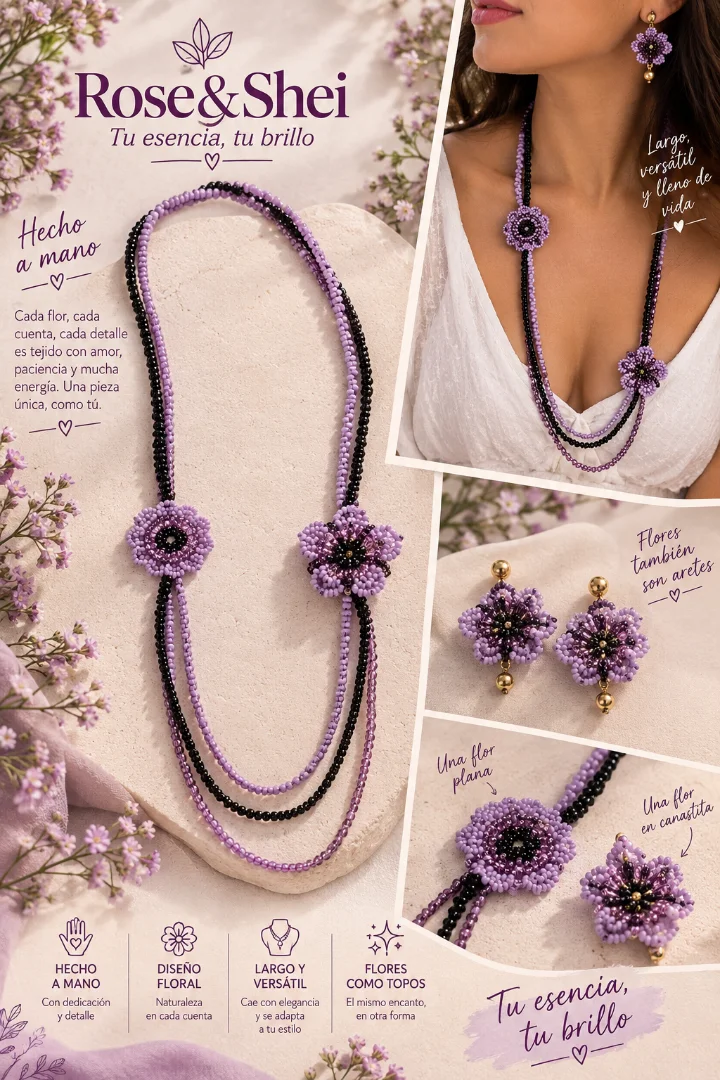 Set collar mostacilla y aretes flor morado — Rose& Shei accesorios