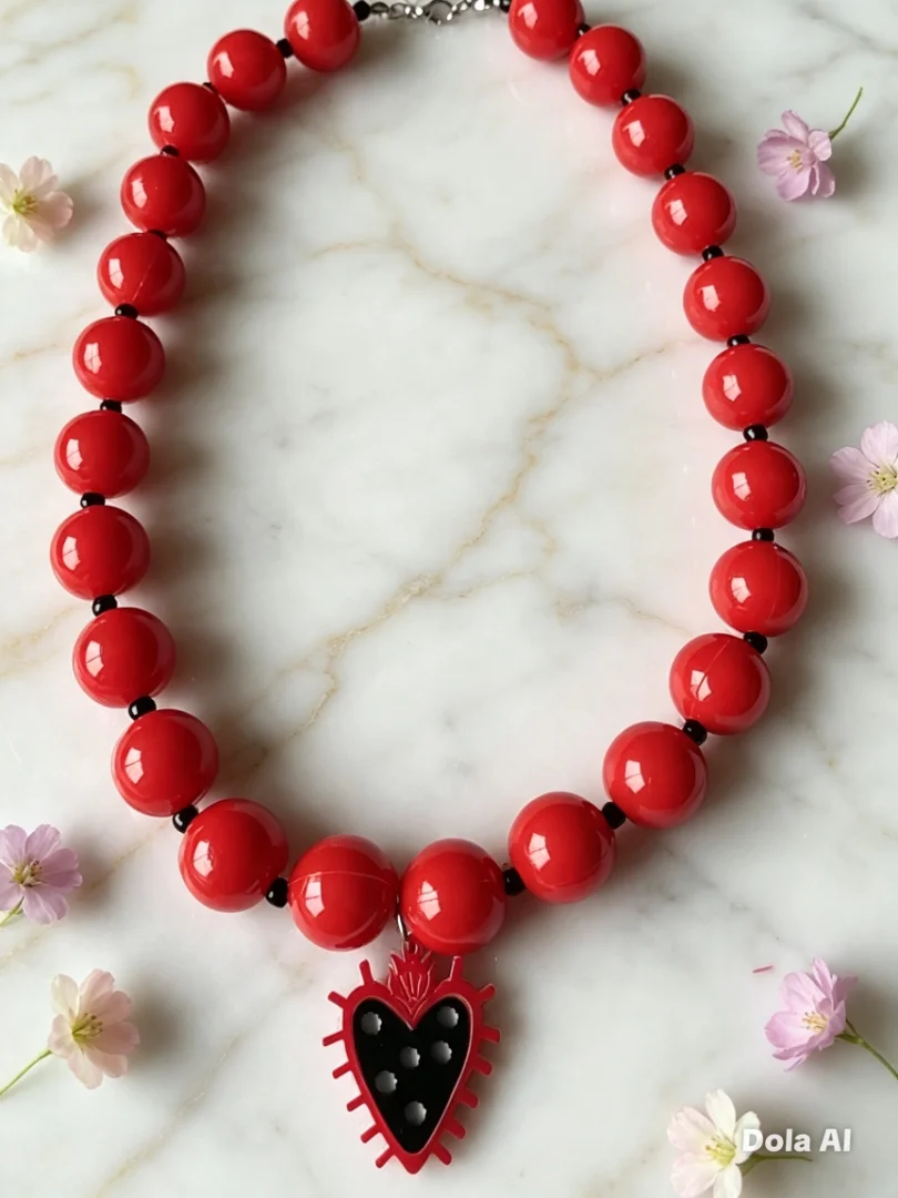 Collar chicle rojo intenso con corazon — Candelaria Accesorios