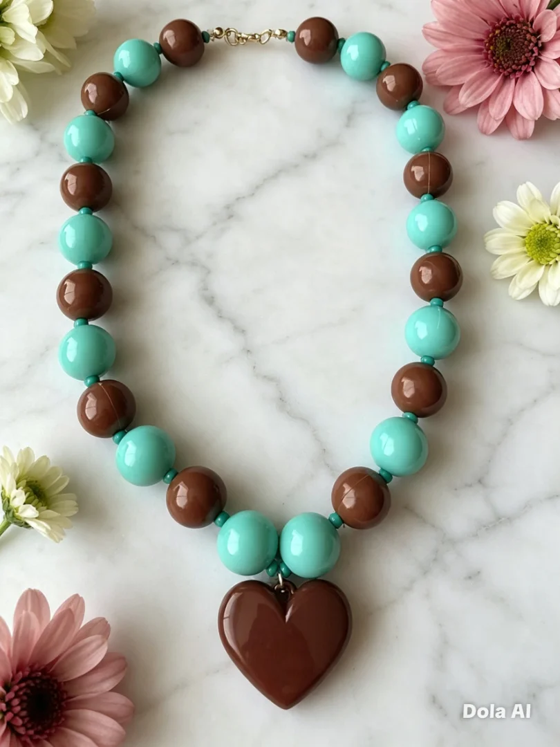 Collar de bola chicle aguamarina y café con dije de corazón café — Candelaria Accesorios
