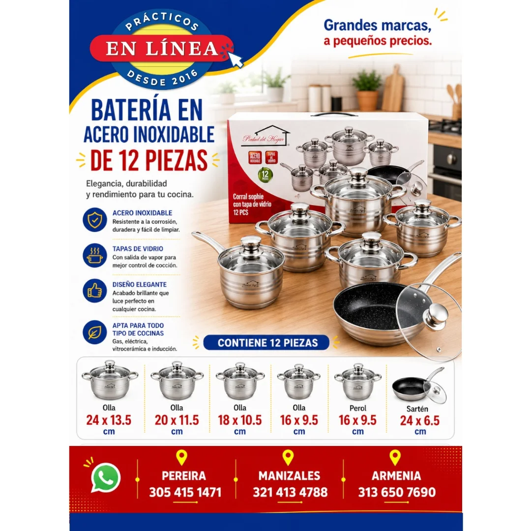 BATERIA DE ACERO INOXIDABLE 12 PIEZAS — Muebles prácticos Manizales
