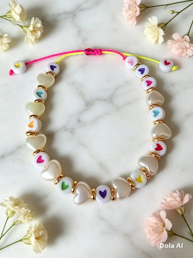 Pulsera graduable con corazones perlados y ojo turco — Candelaria Accesorios