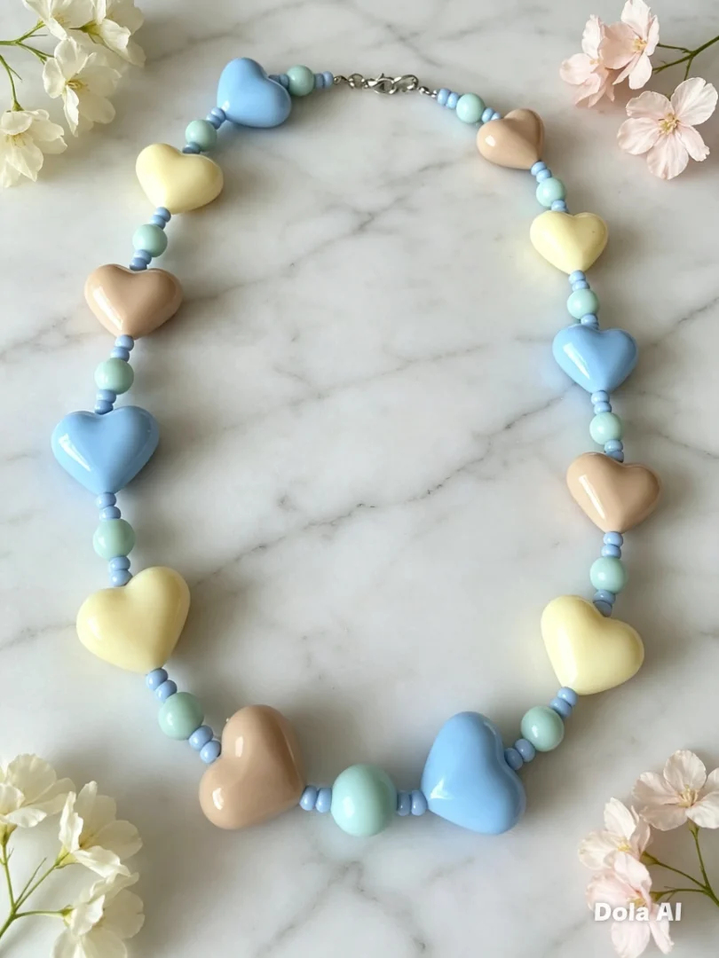 Collar de corazones y bolas chicle en tonos azul claro, beige, café y aguamarina — Candelaria Accesorios