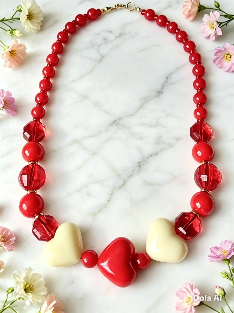 Collar corazones rojos y beige — Candelaria Accesorios