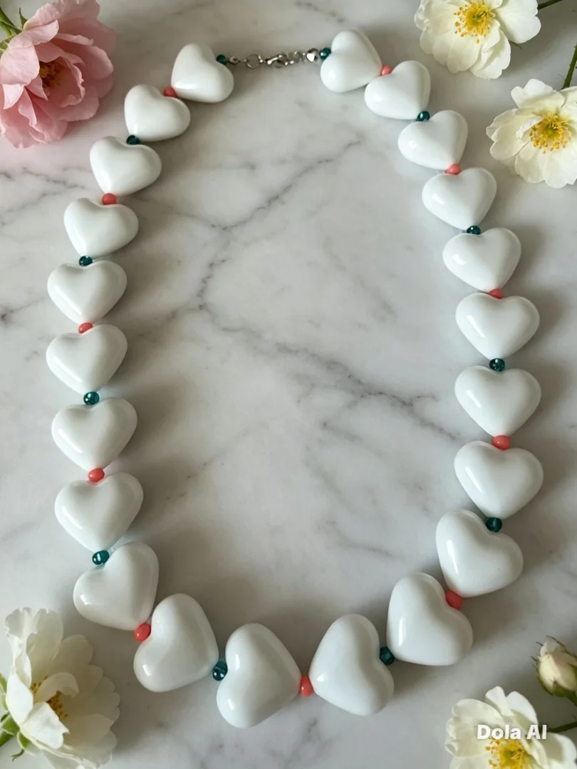 Collar de corazones blancos y piedras en color aguamarina y naranja — Candelaria Accesorios