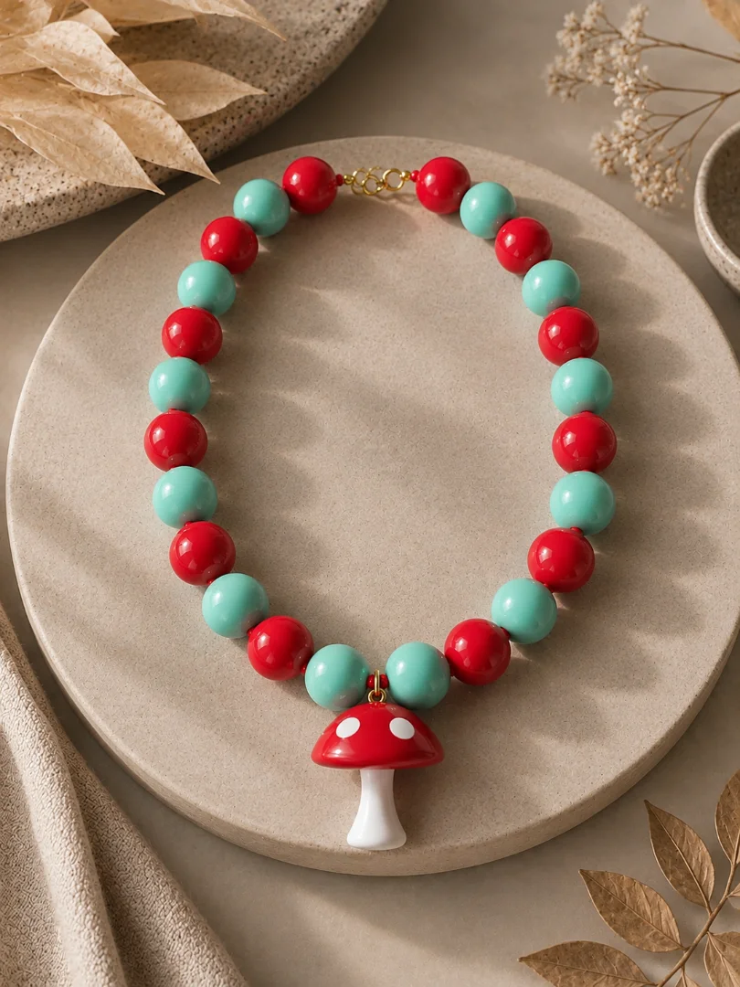 Collares aguamarina y rojo con dije de honguito y estrella de mar — Candelaria Accesorios