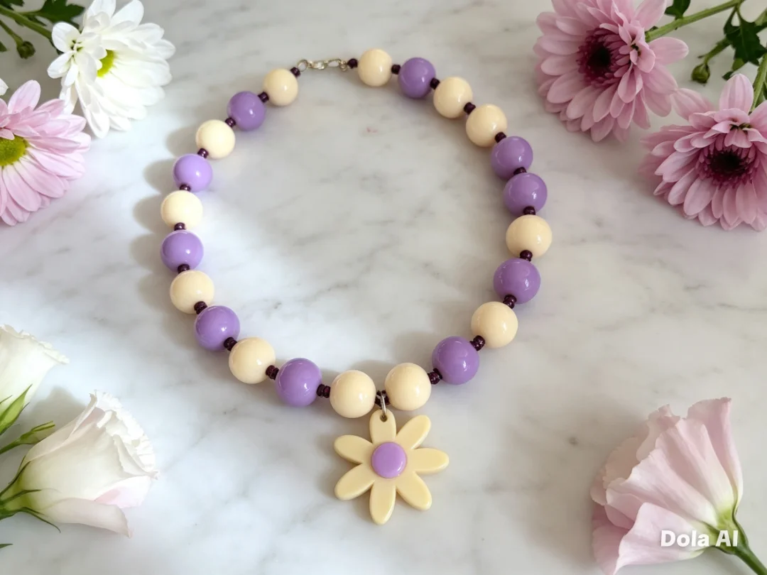 Collares bola chicle en tonos lila beige y amarillo con dijes de flor — Candelaria Accesorios