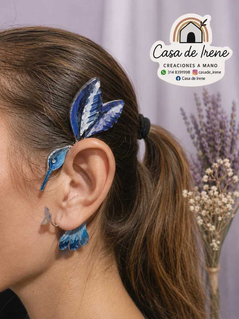 Earcuff colibrí y hortensia — Casa de Irene