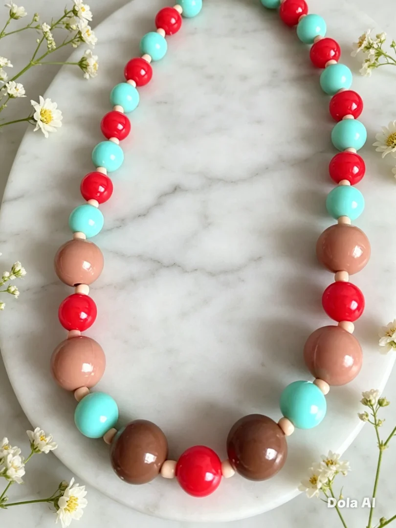 Collar bola chicle en tonos rojo, aguamarina y café — Candelaria Accesorios