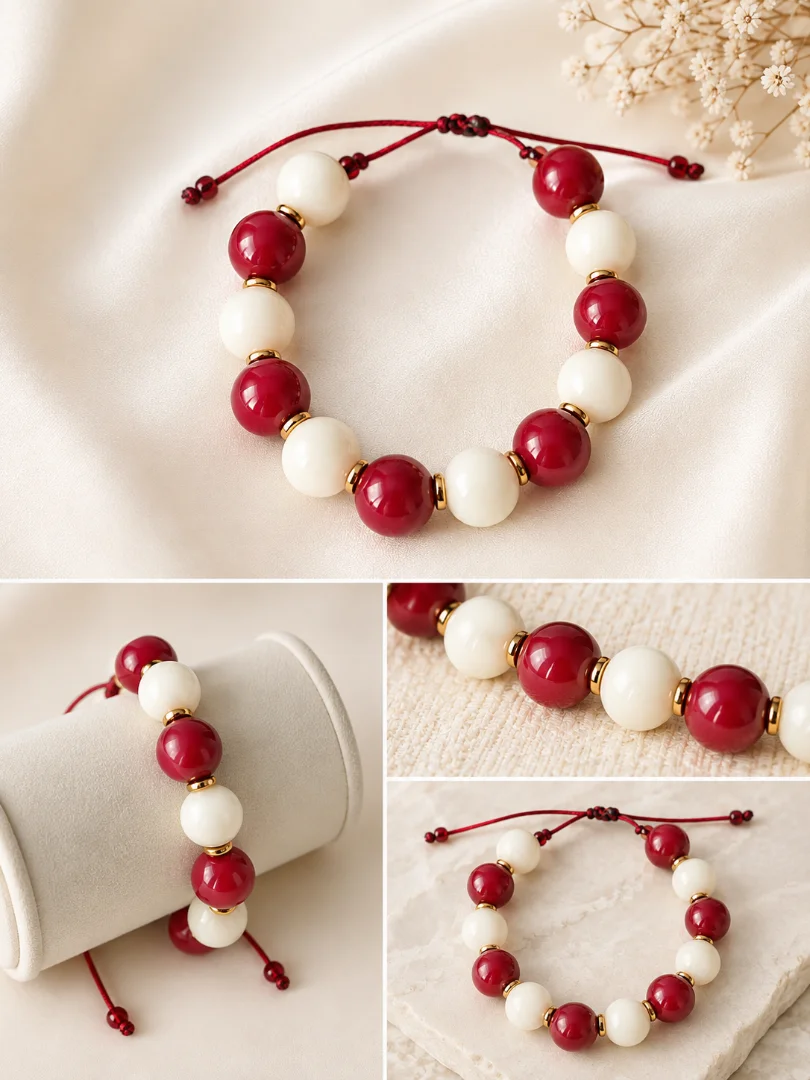 Pulseras graduables en bola chicle diferentes estilos y tonos de rojo y beige. — Candelaria Accesorios