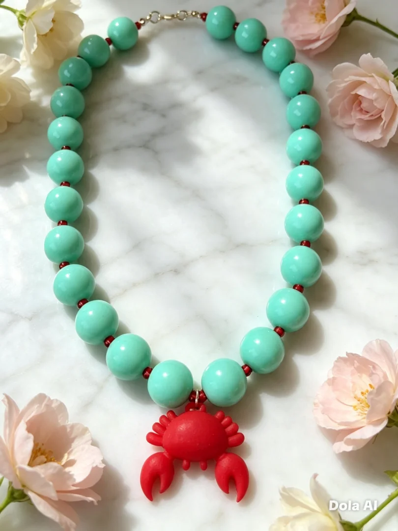 Collar en bola chicle aguamarina con cangrejo color rojo. — Candelaria Accesorios