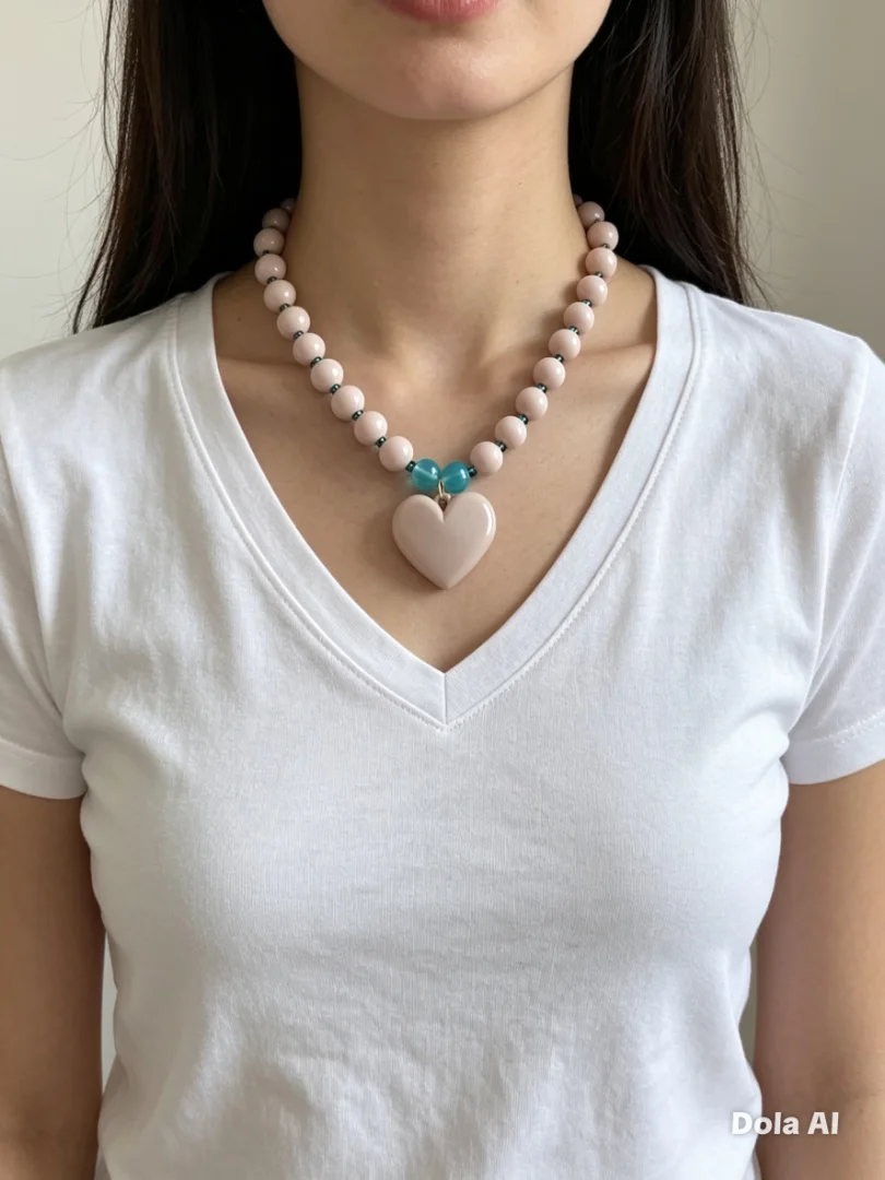 Collar bola chicle beige con aguamarina y dije de corazón beige — Candelaria Accesorios