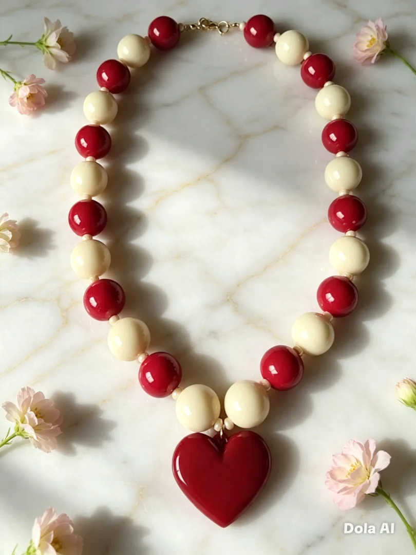 Collar bola chicle rojo y beige con dije de corazón rojo — Candelaria Accesorios