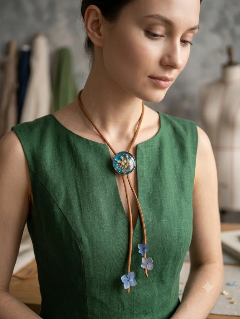 Collar de cordon con flores azules — Casa de Irene