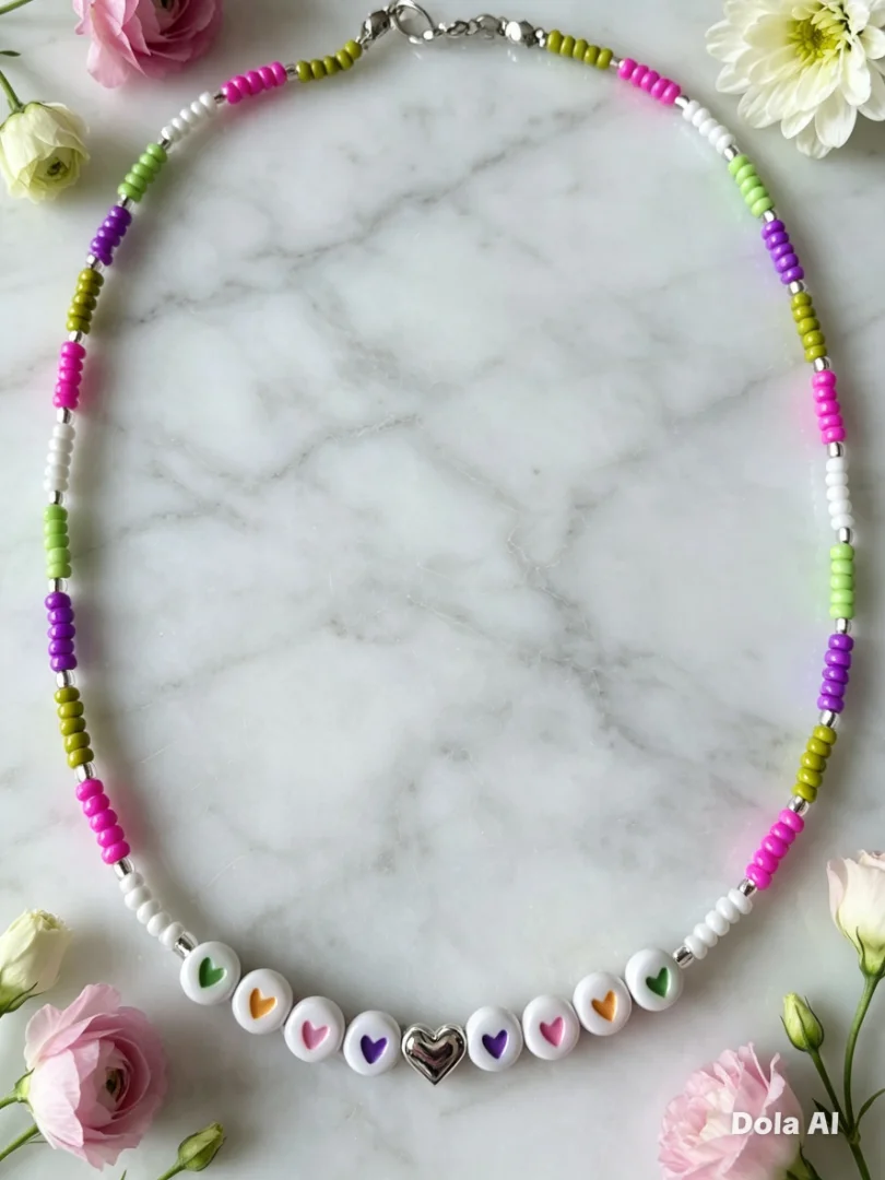 Collares tipo choker de corazones y colores fucsia lila verde y blanco perlado — Candelaria Accesorios