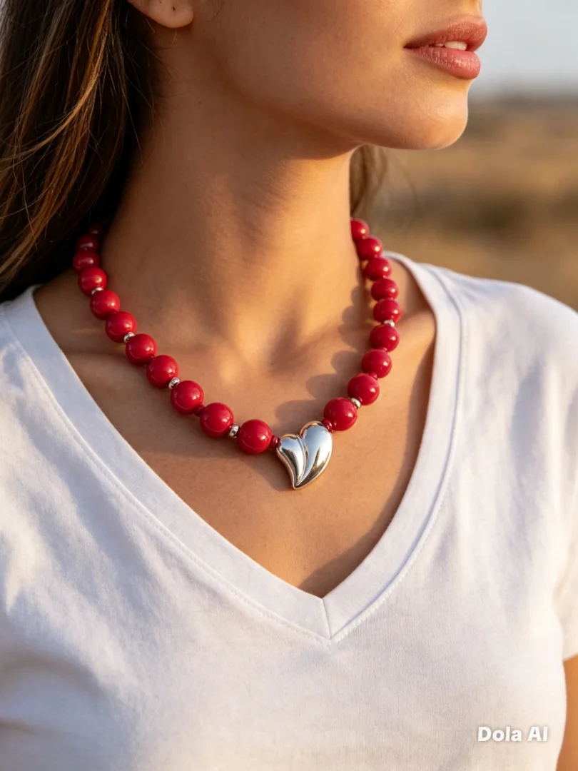 Collar de bola chicle pequeña color rojo y dije en corazón plateado — Candelaria Accesorios