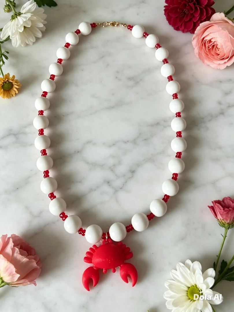 Collar en bola chicle color blanco con cangrejo color rojo. — Candelaria Accesorios