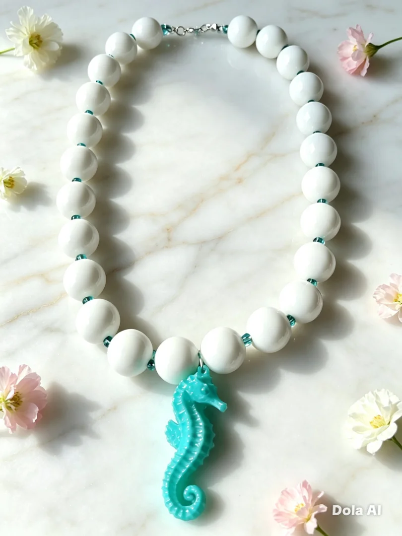 Collar bola chicle blanco con caballo de mar aguamarina — Candelaria Accesorios