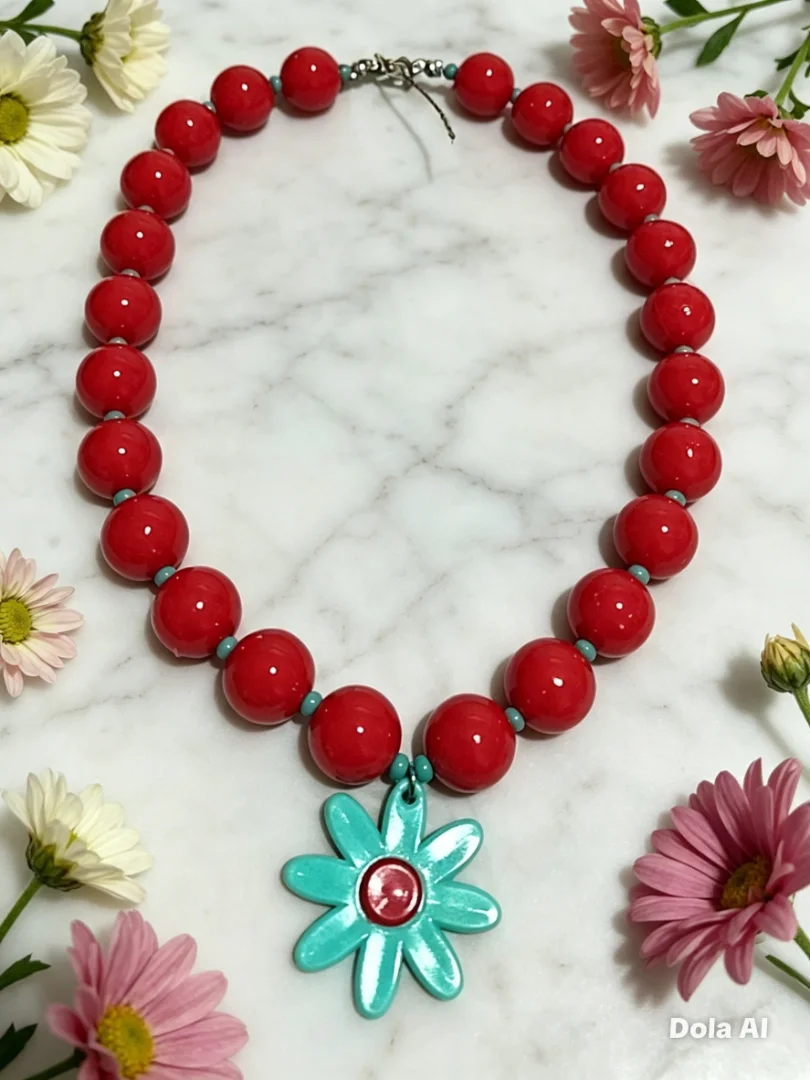 Collar bola chicle rojo y aguamarina con dije en flor aguamarina — Candelaria Accesorios