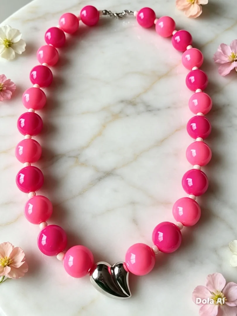 Collar en tonos fucsia y rosado intenso con dije de corazón plateado — Candelaria Accesorios