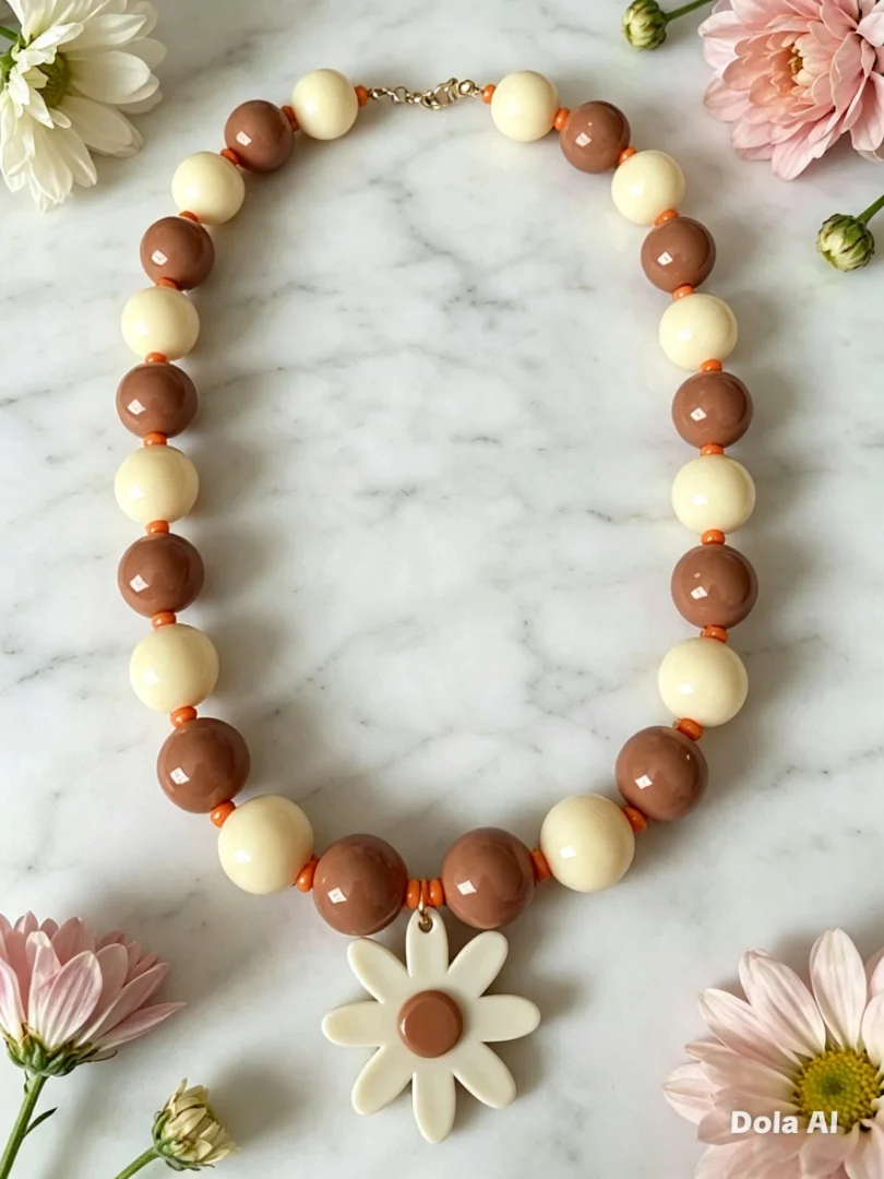 Collar en tonos tierra con dije de flor color beige — Candelaria Accesorios