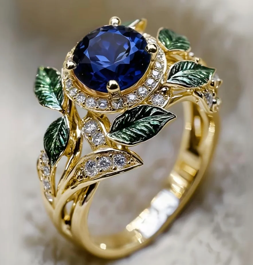 Anillo de Hoja de Esmalte Vintage con Incrustaciones de Zirconia Sintética Rosa — KIREYA HAND MADE