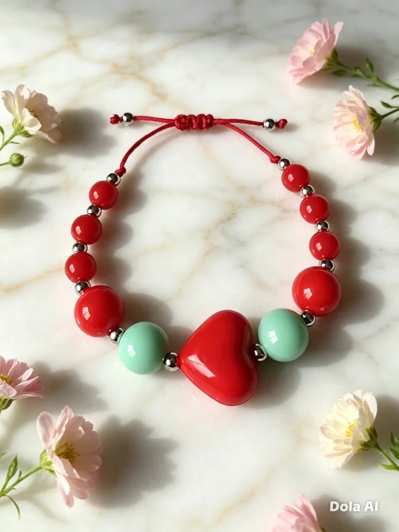 Pulsera con corazon rojo intenso y bola chicle aguamarina — Candelaria Accesorios